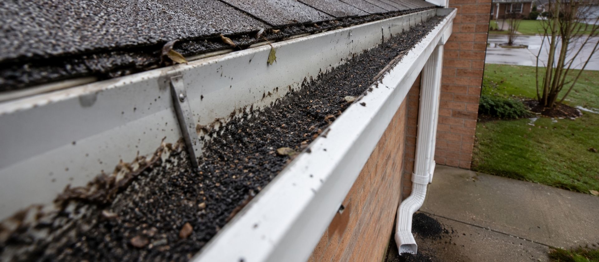Hidden hail damage signs Illinois roof granule loss collecting in gutter after spring storm