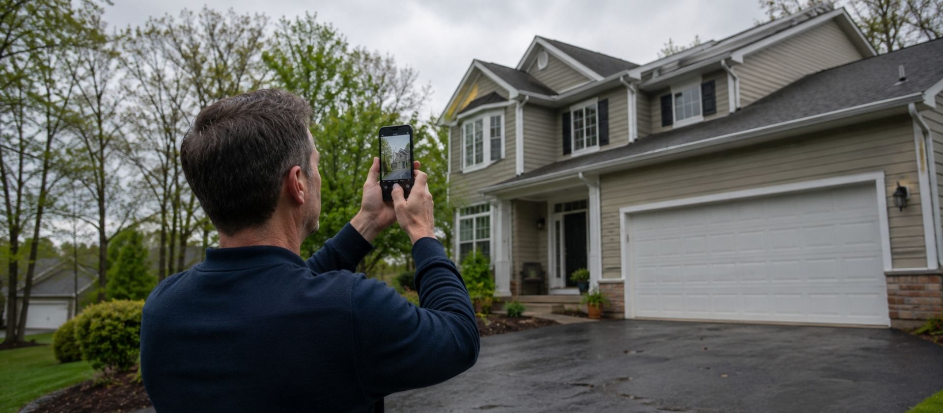 Hidden hail damage signs Illinois homeowner documenting roof from ground level after spring storm